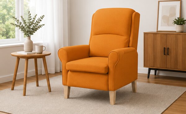 Relaxační křeslo, odpočinkové, ušák, dřevo/textil, 101x95x75 cm, přírodní/oranžovožlutá, Dekorino KR20260042