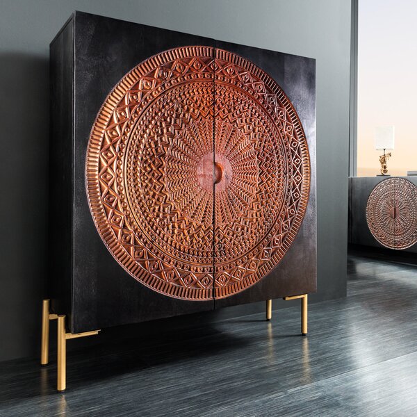 Riess-ambiente Masivní vysoká deska MANDALA 120cm mangové dřevo erná zlaté noiky skíka kredenc skíka do obývacího pokoje