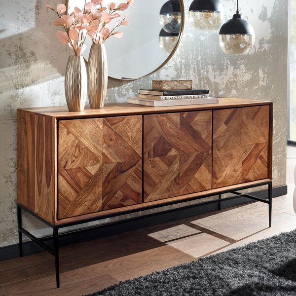 FineBuy Komoda Sheesham masivní dřevo 120 cm se 3 dvíky – masivní retro komoda s kovovým rámem erná – designový pírodní píborník – run vyrobený v industriálním stylu