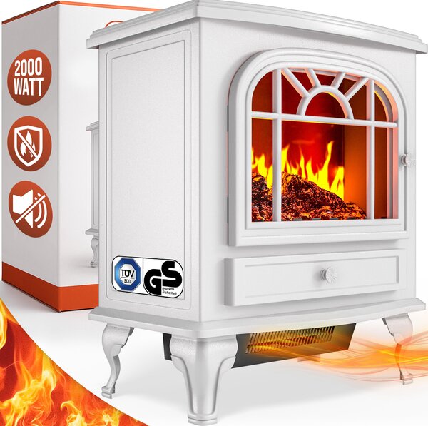 MONZANA® Elektrický krb s LED efektem plamen, teplovzduný ventilátor 2000 W, 2 stupn topení, termostat, krb, ohíva, topení do obývacího pokoje, rozmry 60 x 50 x 30 cm, bílá