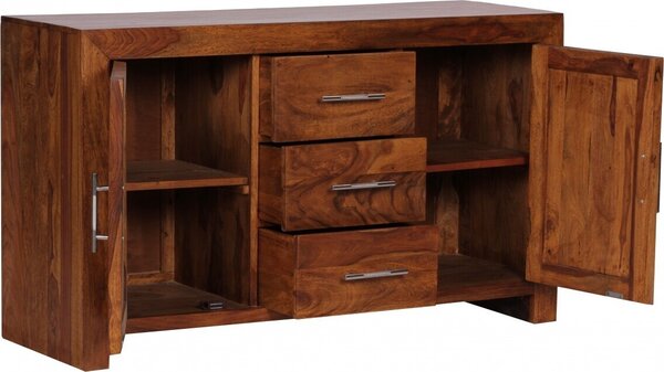 FineBuy Píborník z masivního deva sheesham 120 cm, 2 dvíka a 3 zásuvky – masivní retro komoda ve venkovském stylu – designový pírodní píborník – runí výroba