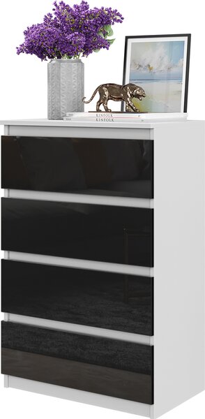 FURNICA - GABRIEL - Komoda se 4 zásuvkami - bílá matná / erný lesk V92cm 60cm H33cm