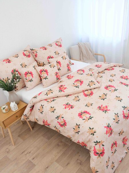 MK Lůžkoviny Vánoční bavlněné povlečení Renforcé - Vánoční zvonky béžové 140 × 200 cm, 70 x 90 cm