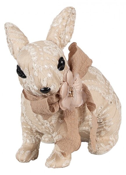 Béžová dekorace králíček s výšivkou a mašlí Fancy - 26*15*23 cm - Clayre & Eef