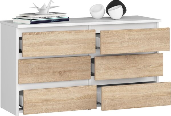 BDW, komoda, 6 zásuvek, 100x57, skí, píborník, bílá / dub Sonoma