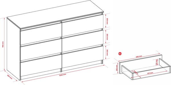Komoda 6 120cm - se 6 zásuvkami v barv dub Sonoma / rzné barvy a velikosti