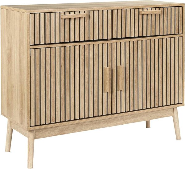 HowHomely | Komoda - Píborník - 100 x 35 x 80 cm - Béová - Píborník - Lamelové elo - s dvíky a zásuvkami