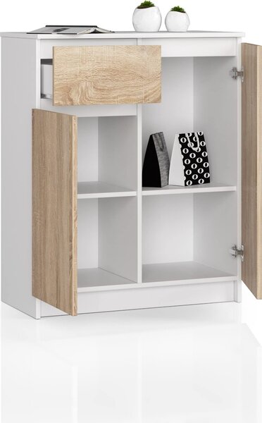 BDW, komoda s 1 zásuvkou a 2 dvíky, 80x99x40 cm, píborník, bílá - dub Sonoma