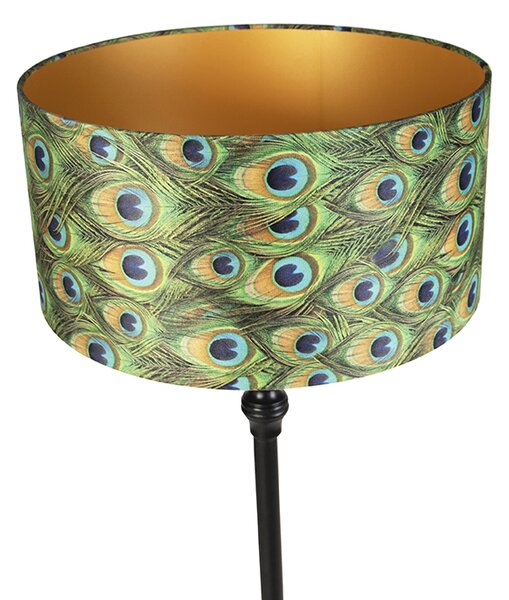 Stojací lampa černá s sametovým stínítkem Peacock Gold 50 cm - Classico