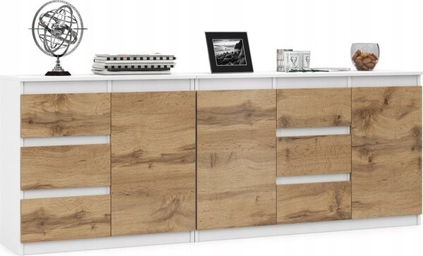 VBChome Dv komody 80 x 35 x 75 cm a 120 x 35 x 75 cm se 6 zásuvkami a 3 dvíky Bílá - Dub Wotan Komoda bez úchytek Víceúelová skíka