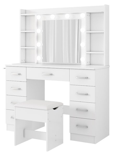ZELURXX Toaletní stolek bílý 110×40×145 cm s LED zrcadlem 10 svtel USB vetn stoliky a dráku na fén s kovovým výsuvem