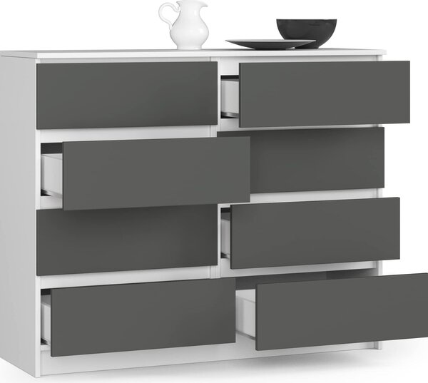 BDW, komoda s 8 zásuvkami, 120x99x40 cm, spousta úloného prostoru, bílá - edá