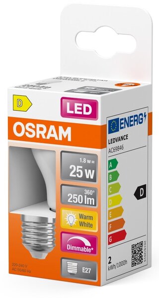 Mini LED matná stmívatelná žárovka E27 2,8 W CLASSIC P, teplá bílá OSRAM