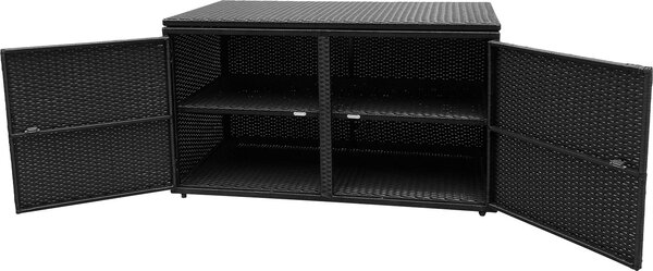 Box na poltáe, ratanová zahradní skí se 2 úrovnmi, víkem a 2 dvíky, zahradní box 335 L, venkovní úloný box 60 x 115 x 65 cm (erný)