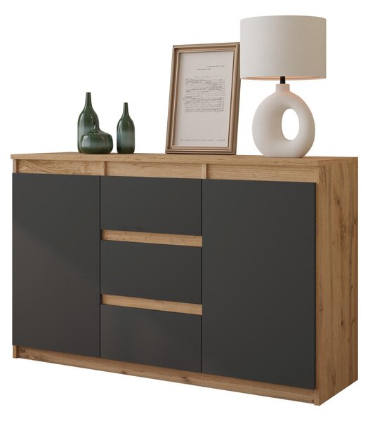 MIKEL - Komoda / píborník se 3 zásuvkami a 2 dvíky - dub Wotan / antracitov edá V75cm 120cm D35cm