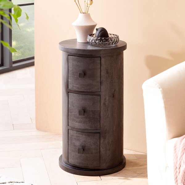FineBuy Design – píborník 65 cm z masivního mangového deva, erný, úzká skíka se zásuvkami, úzká pídavná skíka, masivní mini komoda, kulatá