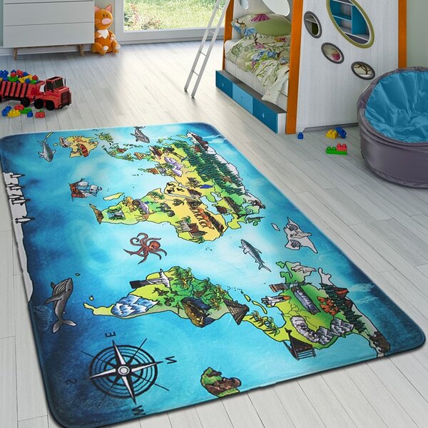 BO-MA, Protiskluzový kusový koberec World map, 76,5x117, modrá, vícebarevná, dětský pokoj