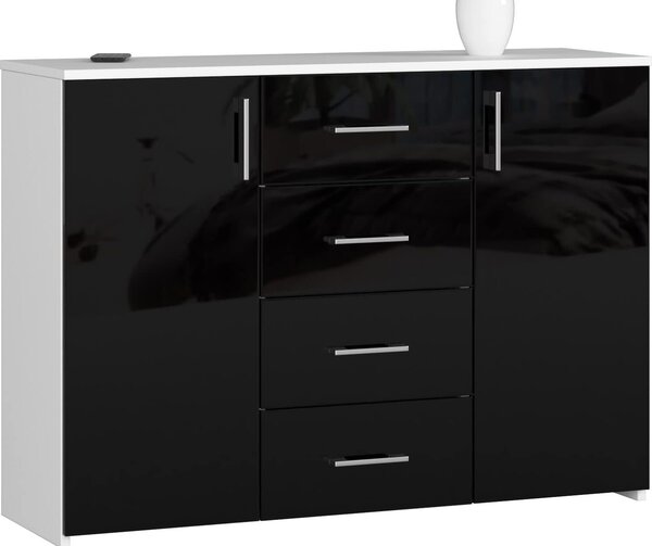 BDW Komoda s vysokým leskem, 4 zásuvky, 2 dvíka, 110x80 cm, bílo-erná