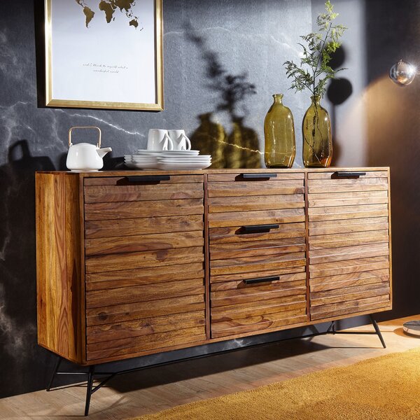 FineBuy Sideboard Sheesham masivní dřevo 160 cm 2 dveře a 3 zásuvky – masivní retro komoda s kovovým rámem – designový pírodní píborník, run vyrobený v industriálním stylu