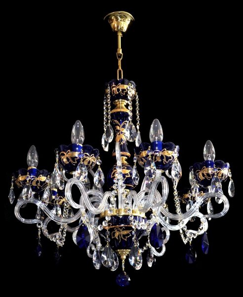 DBK GLASS 8-ramenný tmavě modrý křišťálový lustr zdobený zlatou malbou a modrými vachtlemi 1653-8-RF-blue-almonds