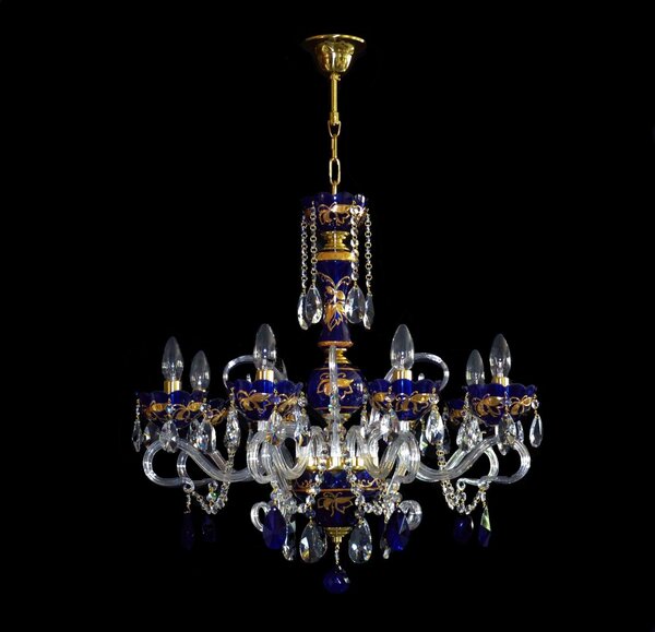 DBK GLASS 8-ramenný tmavě modrý křišťálový lustr zdobený zlatou malbou a modrými vachtlemi 1653-8-RF-blue-almonds