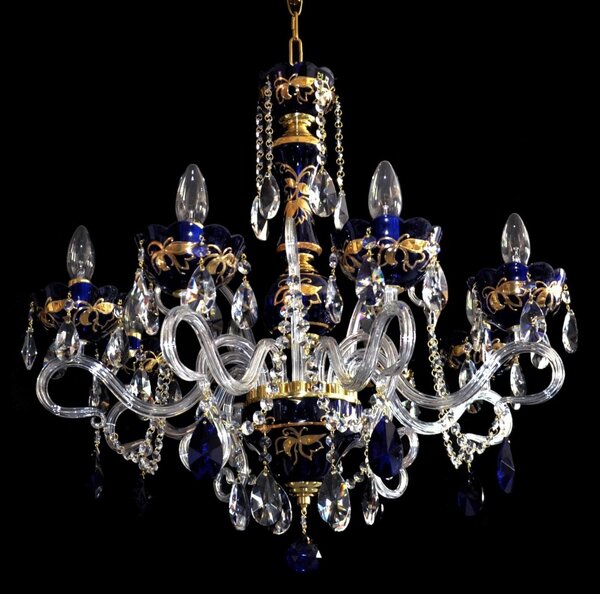 DBK GLASS 8-ramenný tmavě modrý křišťálový lustr zdobený zlatou malbou a modrými vachtlemi 1653-8-RF-blue-almonds