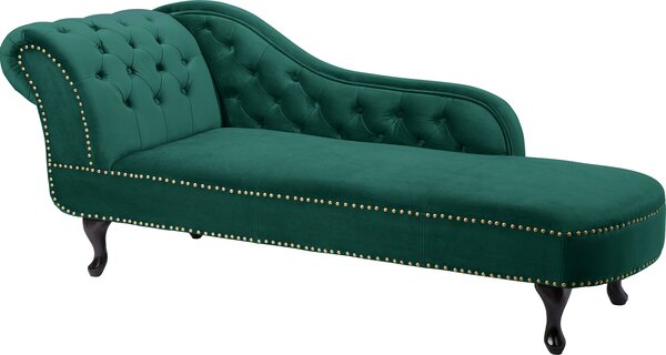 Chesterfield Design Récamière 170cm smaragdov zelený samet s proíváním knoflík a nýtovaným lemem lehátko chaise longue
