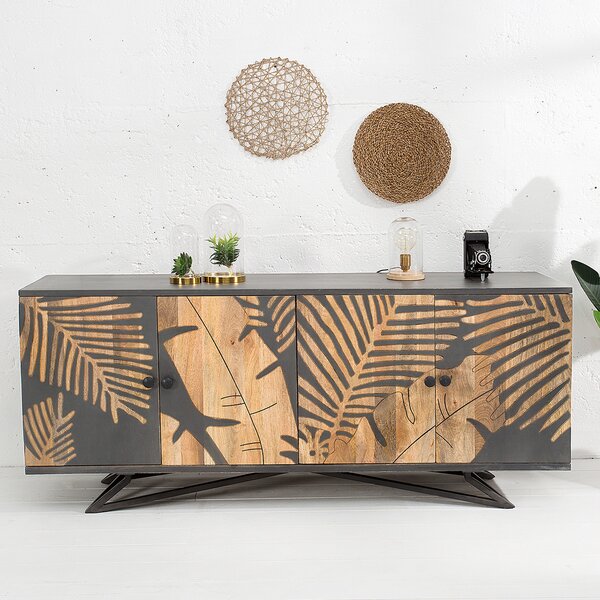 Riess-ambiente Masivní píborník TROPICAL 160 cm edé mangové dřevo kvtinový design boho kovový rám komoda skíka