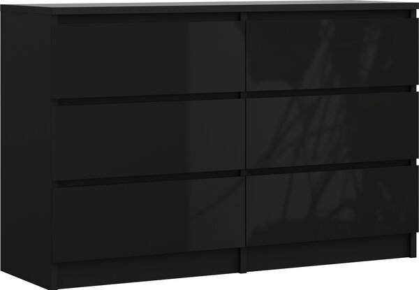 Komoda 6 zásuvek, barva: erná matná / erná lesklá, 120 x 78 x 39 cm