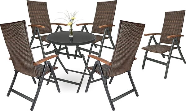 Brubaker zahradní sedací souprava Modena - 1 sklenný skládací kulatý stl Ø 70 cm s 5 polyratanovými idlemi - odolný proti povtrnostním vlivm - hndá/antracitová barva