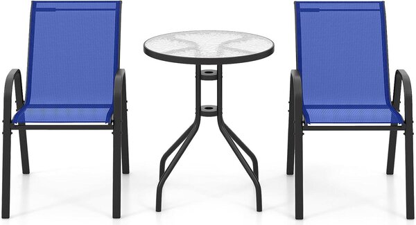 KOMFOTTEU 3 KS. Bistro set, sada zahradního nábytku vetn zahradního stolu s otvorem pro sluneník a 2 skládacích idlí, balkonový set zahradní set pro zahradní balkon (modrý)