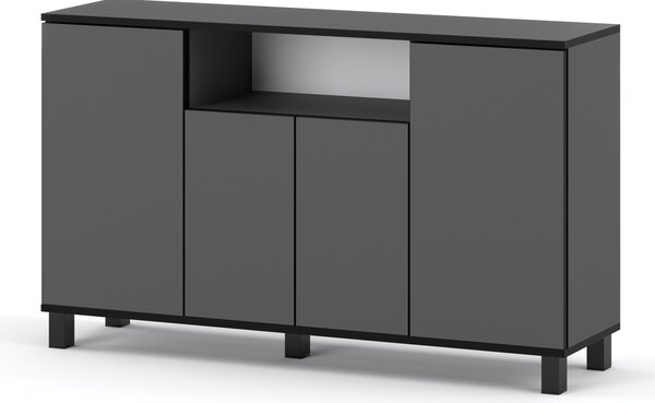 STIV Möbel | Komoda 140x35x80 cm edý Mat | 4 dvíka | Obývák Lonice | 9 polic | Moderní provedení