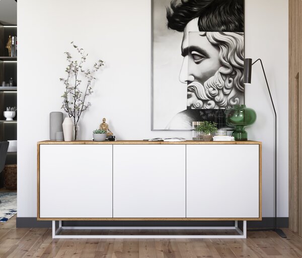 Komoda RTV ve stylu loft Dub Wotan Apollo 3D - Moderní - Nábytek Lindner -168cm x 35cm x 72 cm , Barva: dub Wotan matný - Bílý matný