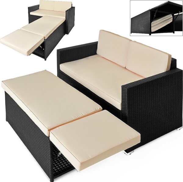 CASARIA® 2v1 zahradní pohovka s taburetem sada zahradního nábytku 7cm poltá 2 místa 125x70cm úloný prostor otoman odolný proti povtrnostním vlivm balkonový nábytek polyratanový lounge erný