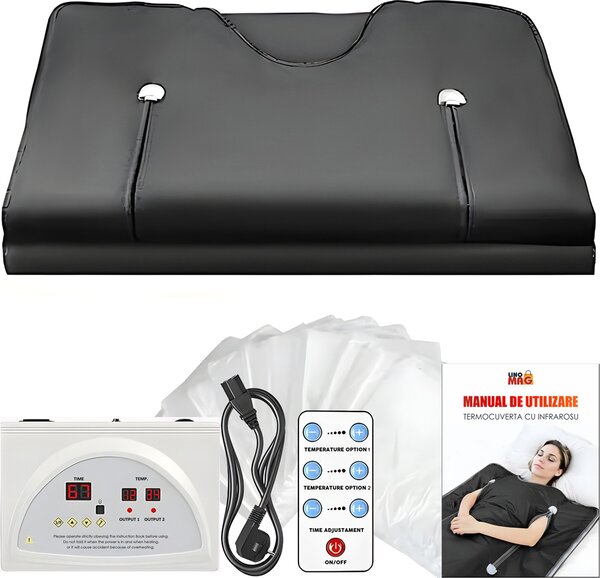 Vyhívací deka s infraervenou pikrývkou do sauny, LINOMAG®, spalování tuk, relaxace, termoterapie a detoxikace, bezpenostní materiály v 5 vrstvách, 6 stup tepla, 35°C-85°C, 180x80 cm, erná