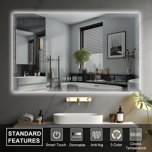 Luxusní LED koupelnové zrcadlo 90×70, hodiny a odmlžování