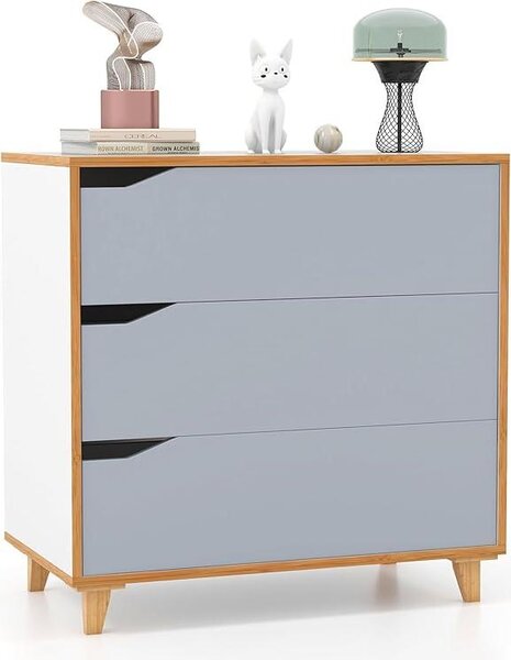 Komoda se 3 zásuvkami, zásuvková skíka s výezem, nohy z kauukového deva a ochrana proti peklopení, moderní píborník, 75 × 42 × 75 cm, edá barva