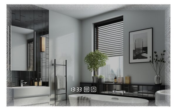 Luxusní LED koupelnové zrcadlo 90×70, hodiny a odmlžování