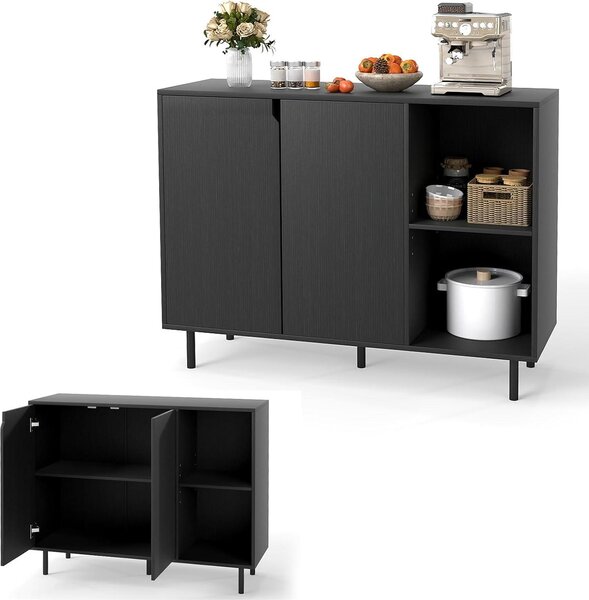 KOMFOTTEU Bufetová skříň Sideboard bílá, moderní kuchyňská skříň s dvířky, 5 nastavitelných polic a ochranou proti převrácení, kuchyňská komoda, úložná skříň do obývacího pokoje nebo chodby (černá)