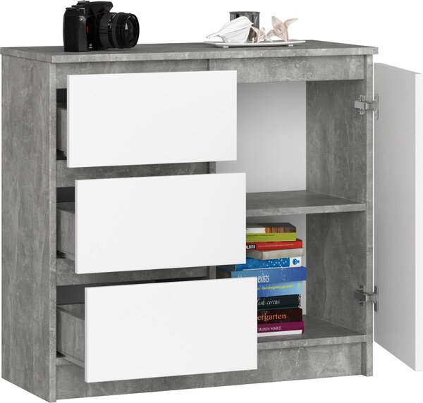 BDW, komoda, 3 zásuvky, 1 dvíka, skíka, píborník, beton / bílá