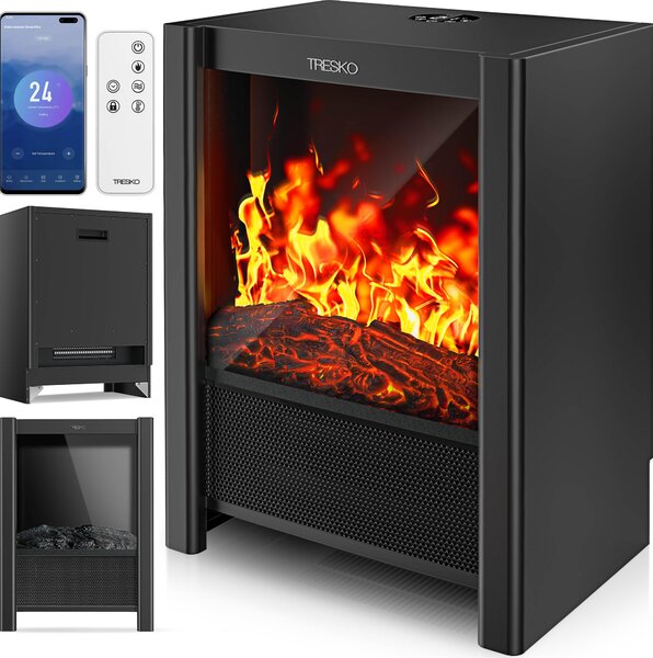 TRESKO® Elektrický krb s ohevem a dálkovým ovládáním 2000W, aplikace WiFi | elektrický krb s efektem plamene LED a LCD displejem | krbový ohe s termostatem, asovaem | elektrická krbová kamna voln stojící ohíva s ventilátorem