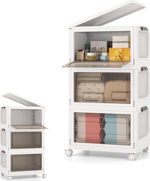 KOMFOTTEU skládací plastový úloný box, stohovatelný plastový box 75/105 l, úloný kontejner se 4 koleky, organizér s víkem a 2 otvory, do lonice, obývacího pokoje (105 l)