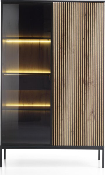 Moderní vysoká vitrína s ebrovaným elem, 104 × 166 × 39 cm, erná / dub Wotan