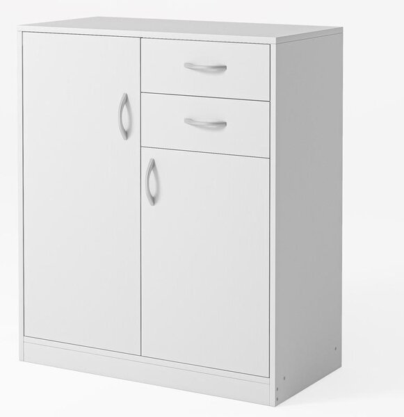 Moderní komoda se zásuvkami a policemi v podkroví s bílými dvíky 74 cm