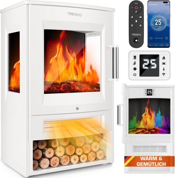 Elektrický krb TRESKO® s vytápním vetn dálkového ovládání a aplikace WiFi | elektrický krb 1800W LED efekt plamene barevné reimy | krbový termostat, asova | elektrická krbová kamna voln stojící krb 2 úrovn vytápní