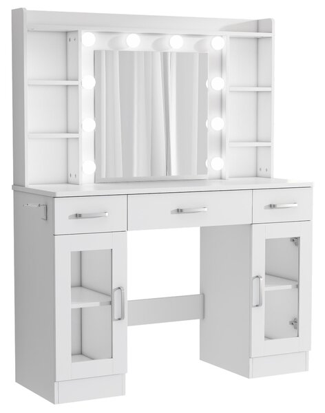 ZELURXX Bílý toaletní stolek 110×40×145 cm s LED zrcadlem 10 svtel USB napájení vetn stoliky a dráku na fén Kovová výsuvná ást