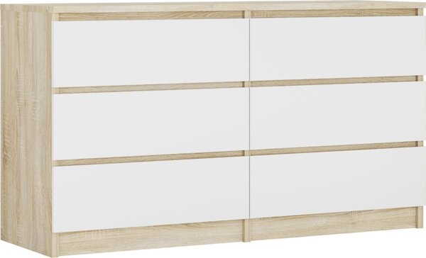 Komoda 6 zásuvek, barva: dub Sonoma / matná bílá, 138 x 78 x 39 cm