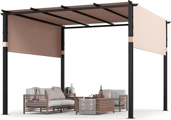 Pergola 305 x 305 cm s plochou střechou, sluneční altán s nastavitelnou a stahovací střechou, přístřešek na terasu s kovovým rámem, béžová barva