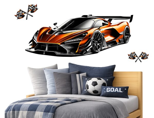 Oranžový sporťák textilní přelepitelná samolepka na zeď arch 75 x 29 cm