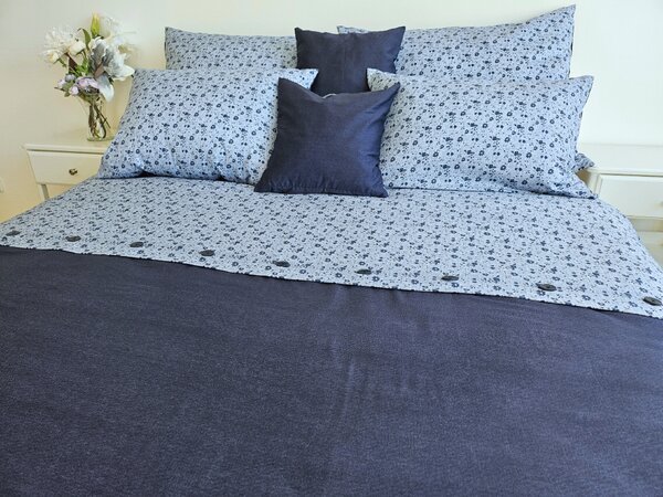 Bavlněný povlak na přikrývku - PRÉMIUM květ/modrá knoflík Rozměr: 140/200 CM KNOFLÍK